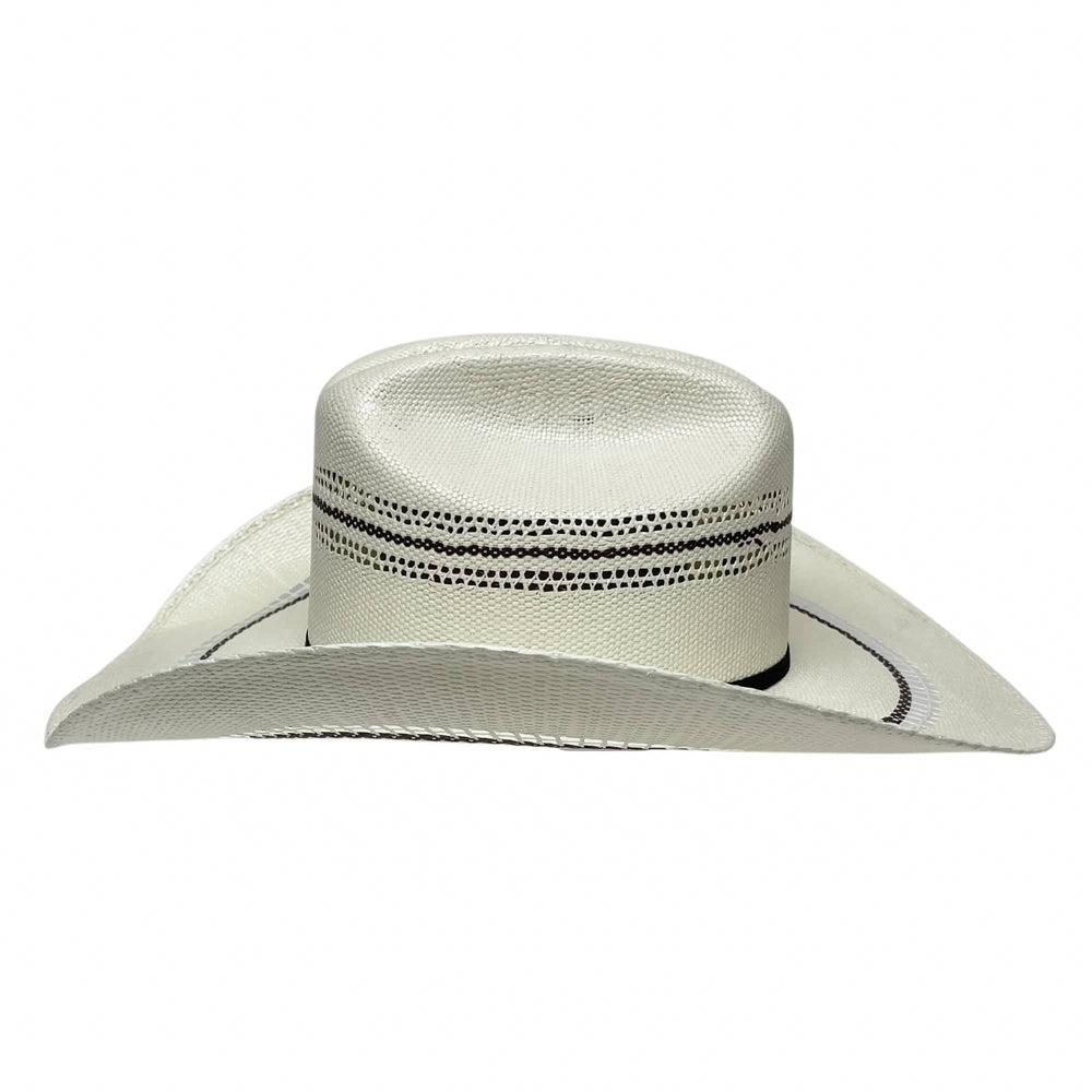 A side view of a Ponderosa Cream Wide Brim Straw Hat 