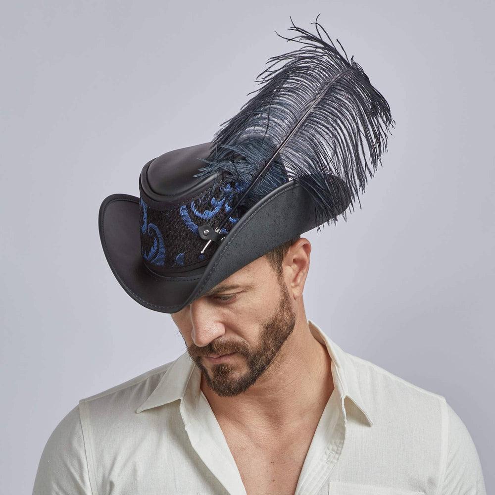 A man wearing Reversible Ren Blue & Purple Leather Hat 