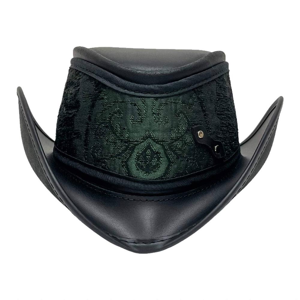 A front view of a Reversible Ren Green & Gold Leather Fabric Hat 