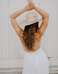 A back view of a woman wearing Natural Vaquero Tejano Palm Cowboy Hat 