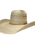 An angle view of a Natural Vaquero Tejano Palm Cowboy Hat