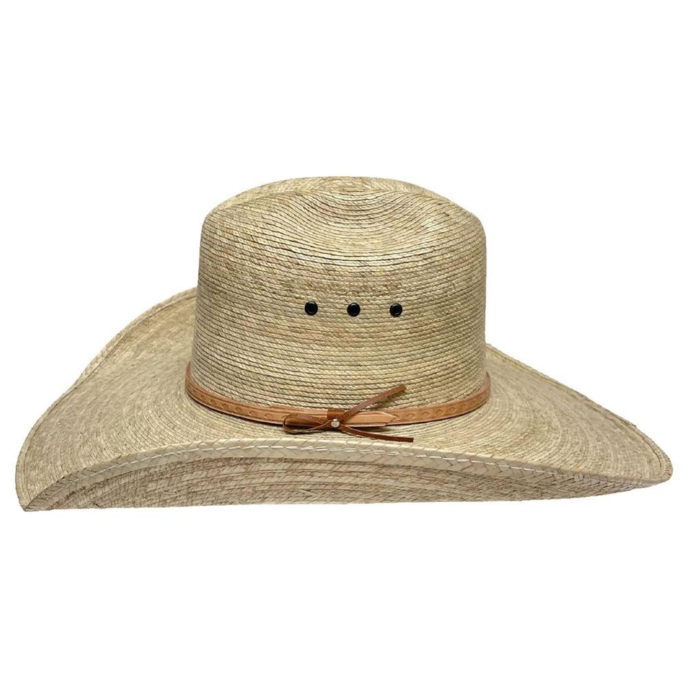A side view of a Natural Vaquero Tejano Palm Cowboy Hat 