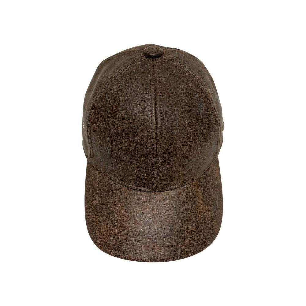 A top view of a Sidecar Brown Leather Cap 