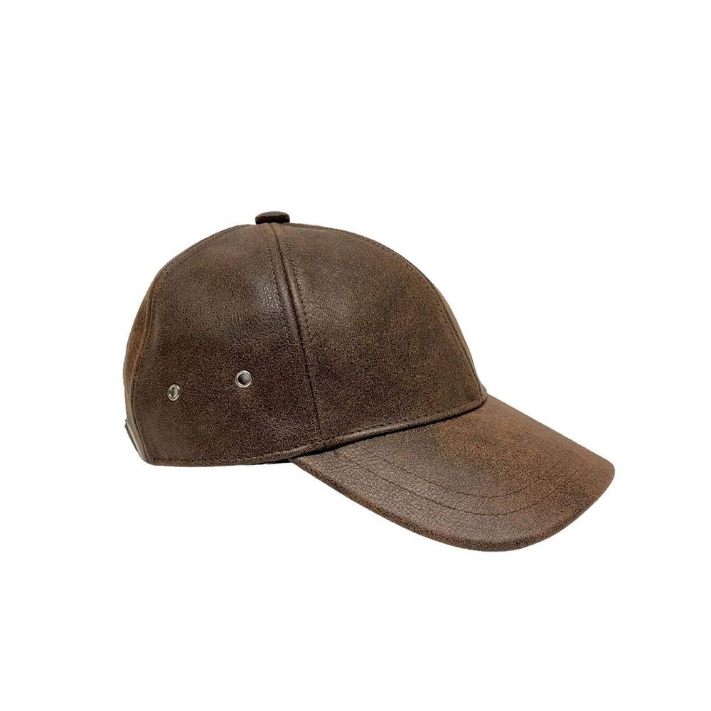 A side view of a Sidecar Brown Leather Cap 