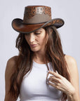 A woman wearing Sierra Brown Leather Mesh Cowboy on an angle view