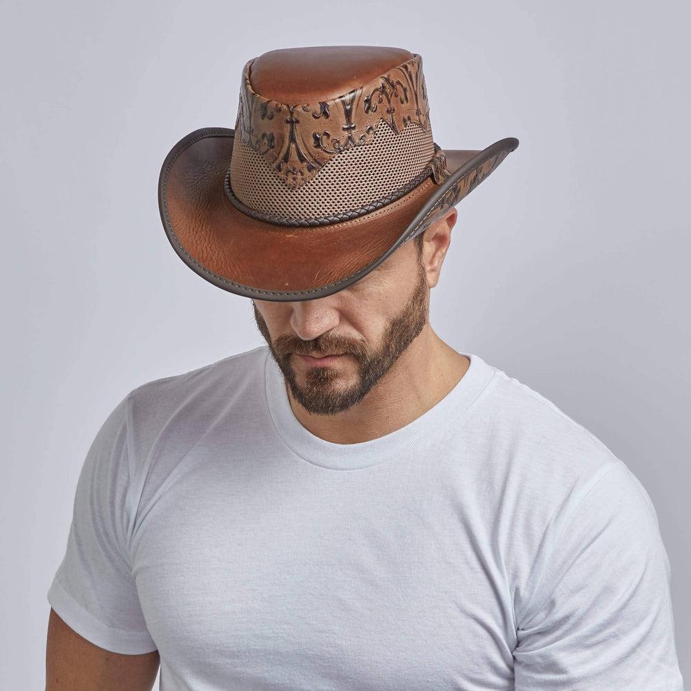 A man wearing a Sierra Brown Leather Mesh Cowboy Hat Crown on an angle view