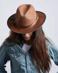 A woman wearing  Summit Saddle Leather Felt Fedora Hat on a top view