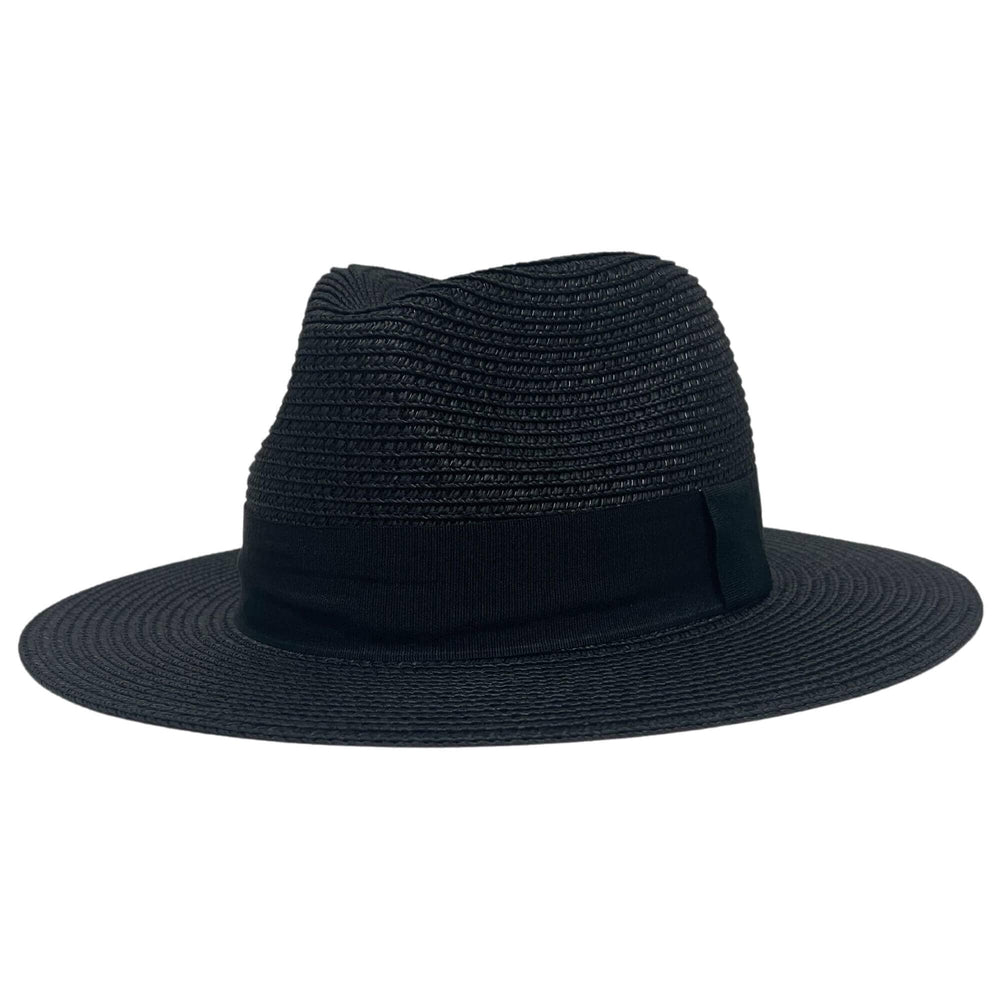 An angle view of a Sunday Black Straw Sun Hat 