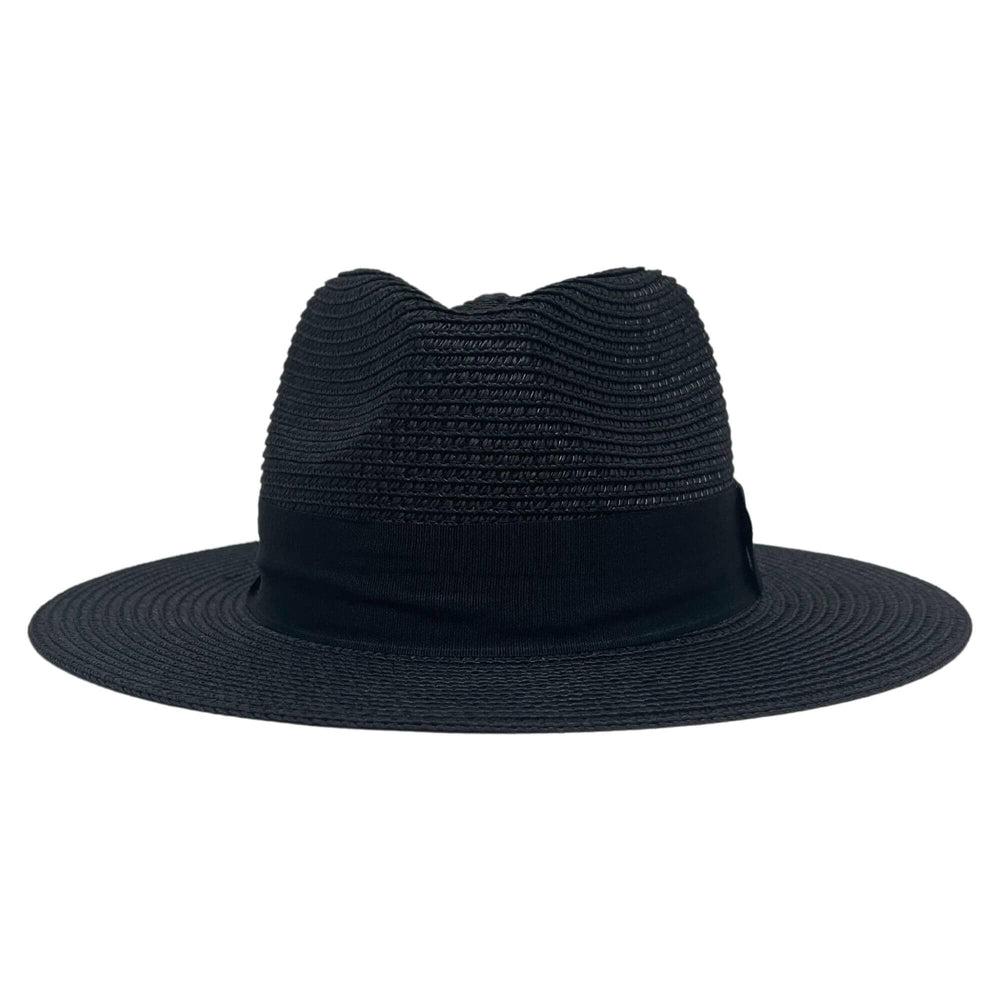 A front view of an Afternoon Black Straw Sun Hat 