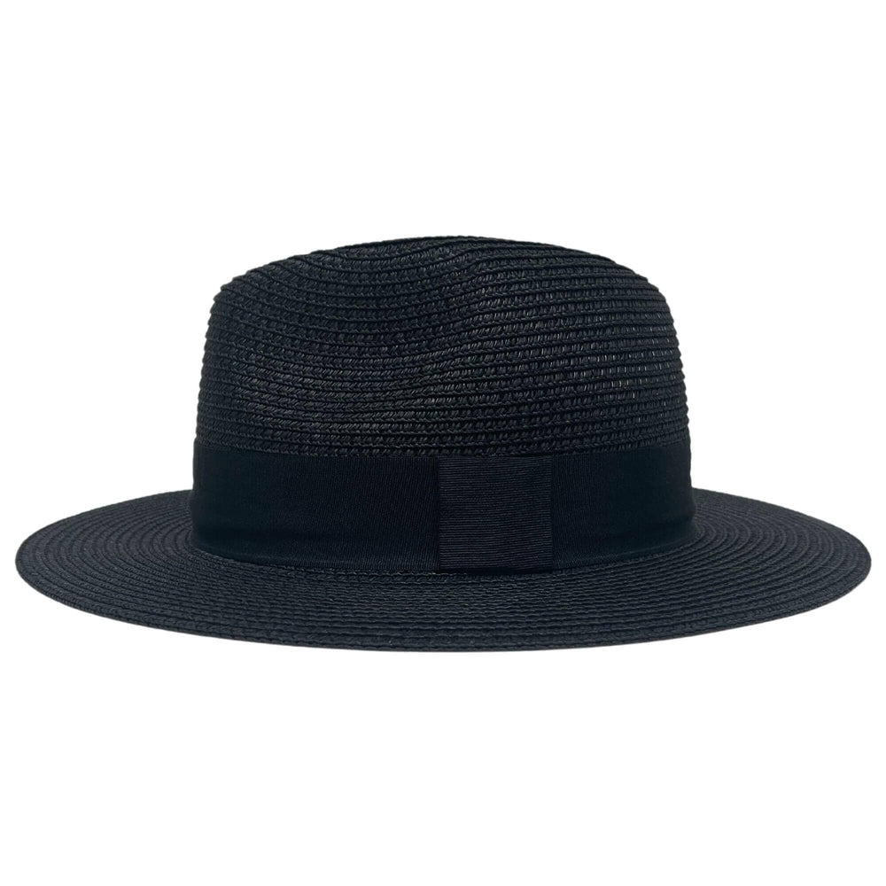 A side view of an Afternoon Black Straw Sun Hat 