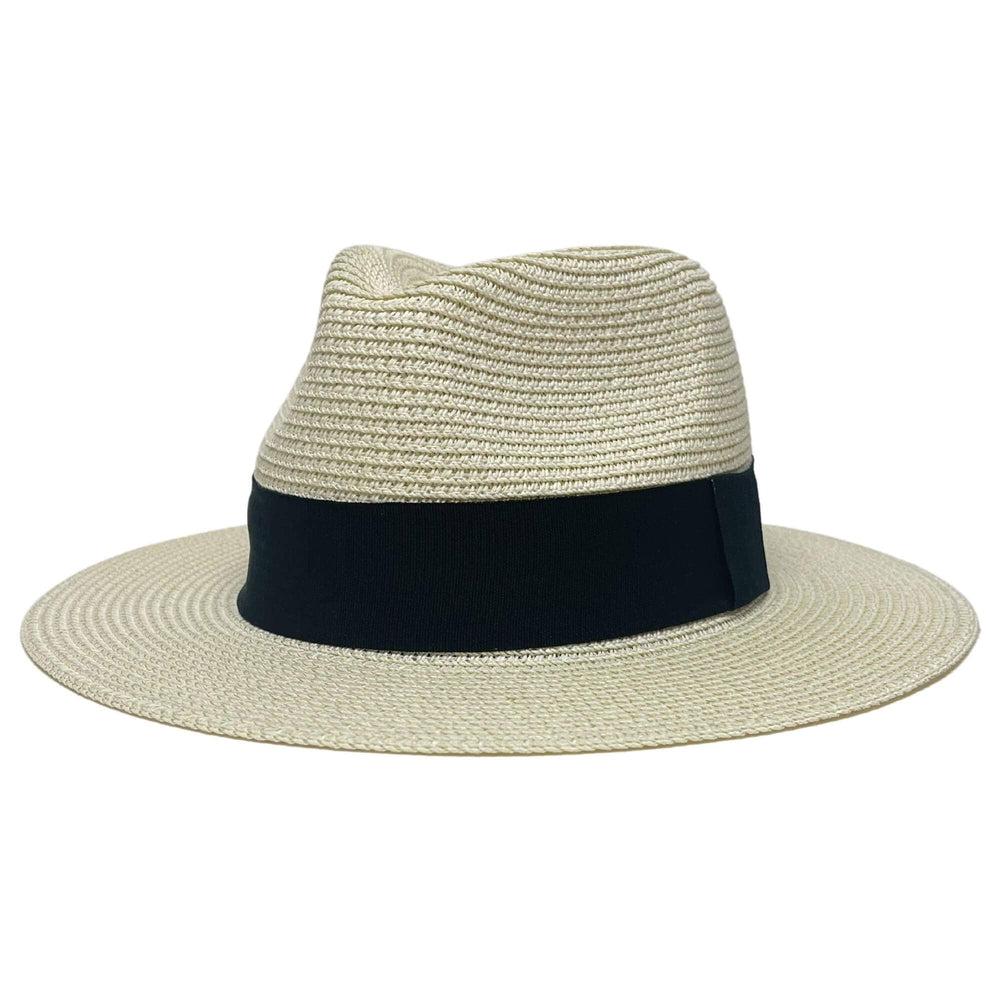 An angle view of a Sunday Cream Straw Sun Hat