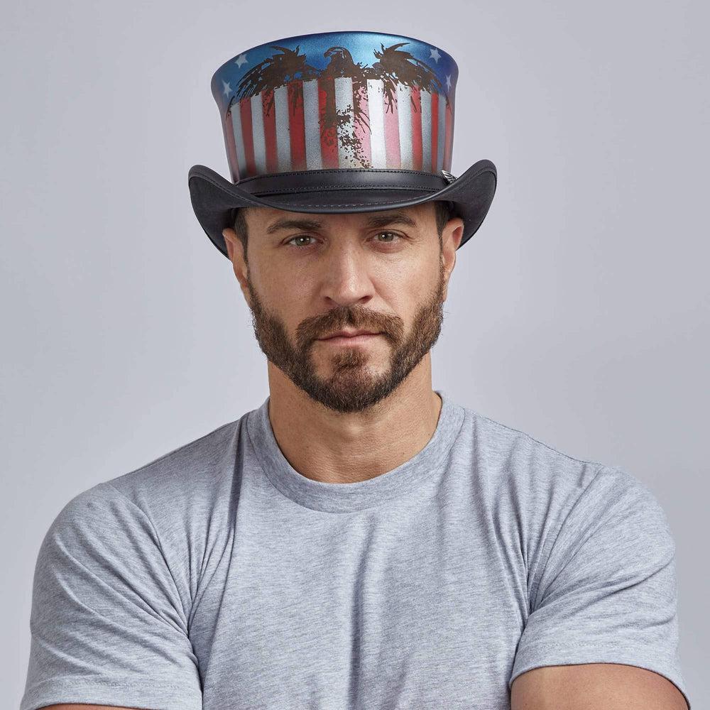 A man wearing USA Black Leather Top Hat 