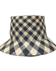 A front view of a black and natural straw bucket hat