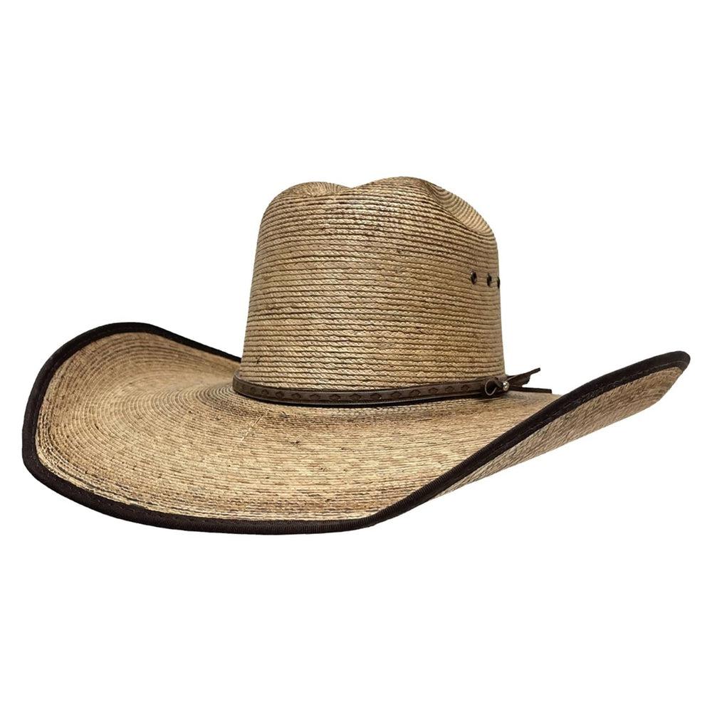 An angle view of a Yuma Brown Palm Straw Cowboy Hat 