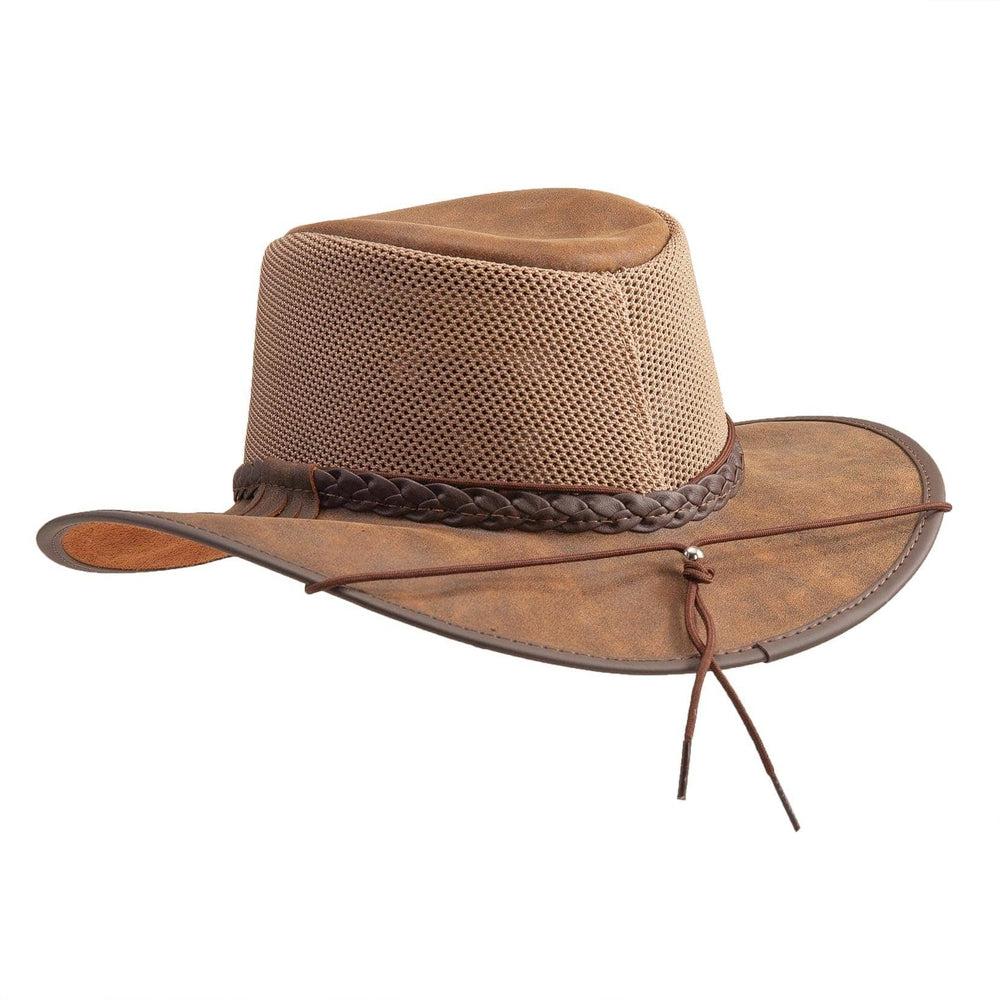 A back view of Breeze Bomber Brown Leather Mesh Sun Hat 