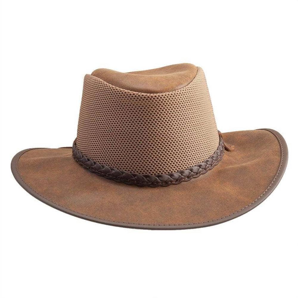 A front view of Breeze Bomber Brown Leather Mesh Sun Hat
