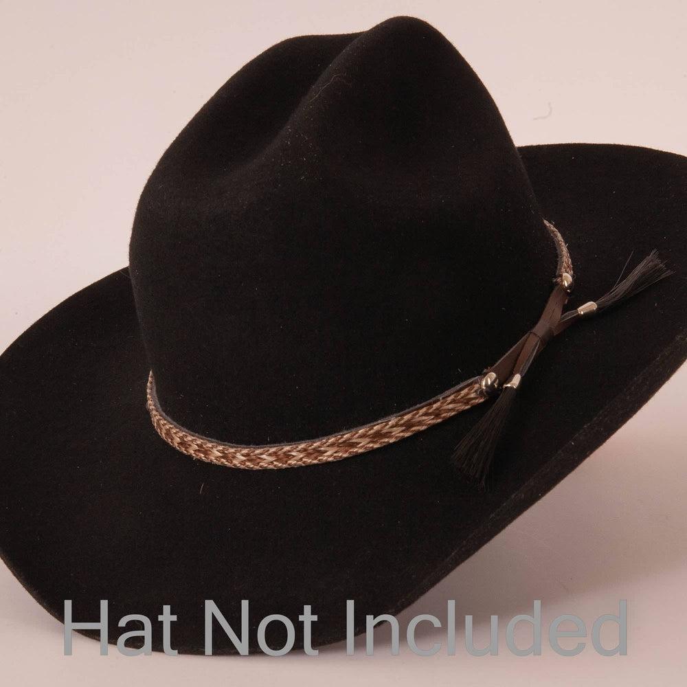 An angle view of a Bodie Brown Hat Band on a black felt hat