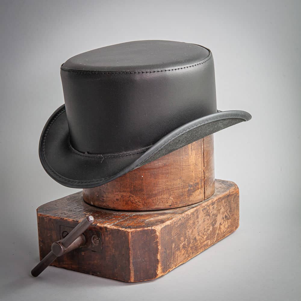 Unbanded Bromley Black Leather Top Hat by American Hat Makers - Hover
