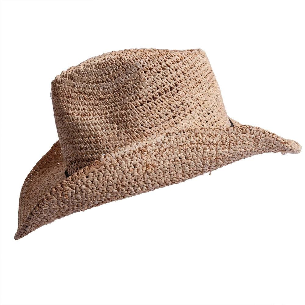 A side view of a Calder brown Straw Sun Hat 