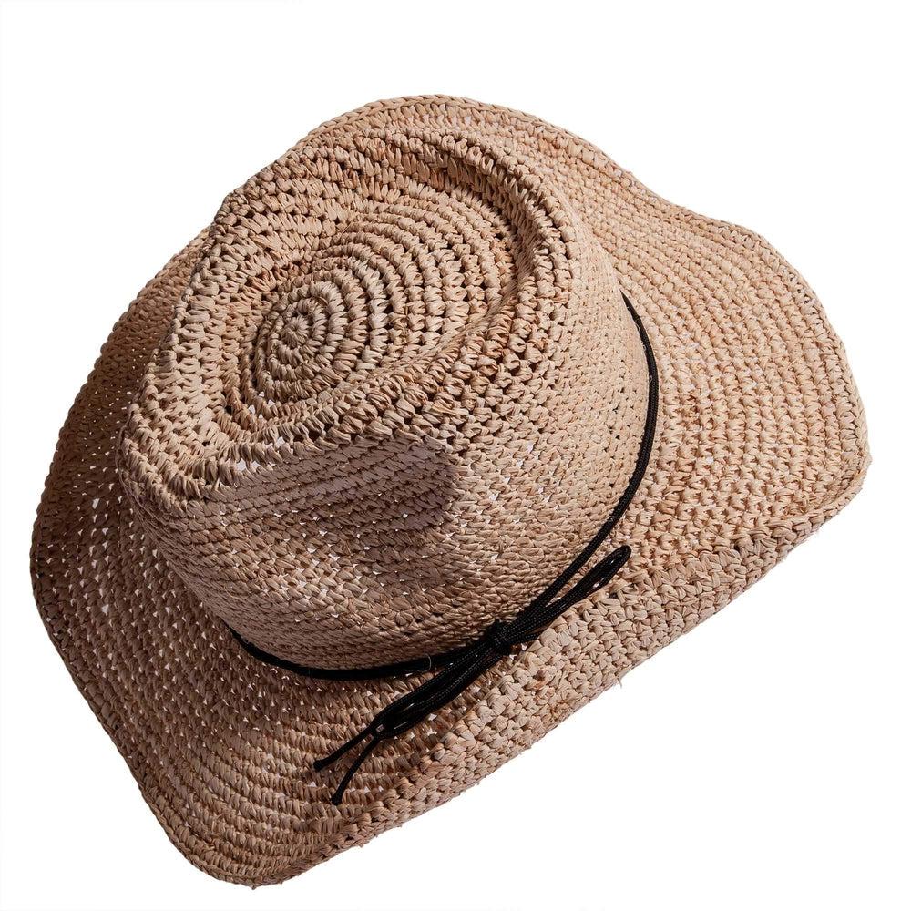 An angle view of a Calder brown Straw Sun Hat 