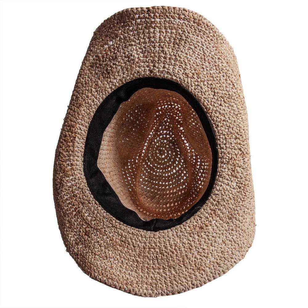 A bottom view of a Calder Brown Straw Sun Hat 