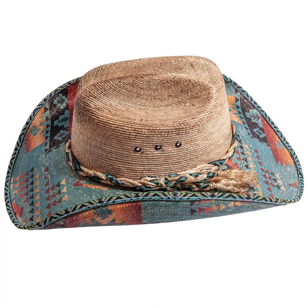 A side view of Cassius Distressed straw painted brim straw hat 