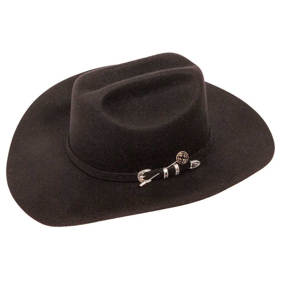 A right side view of black felt hat