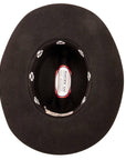 A bottom view  of a black felt cowboy hat