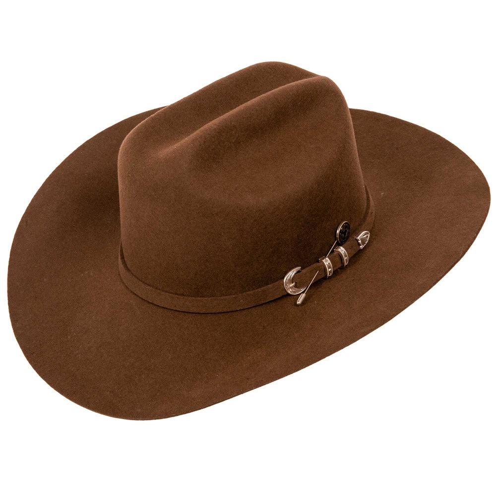 an angle view of a Brown Cattleman Felt Cowboy Hat 