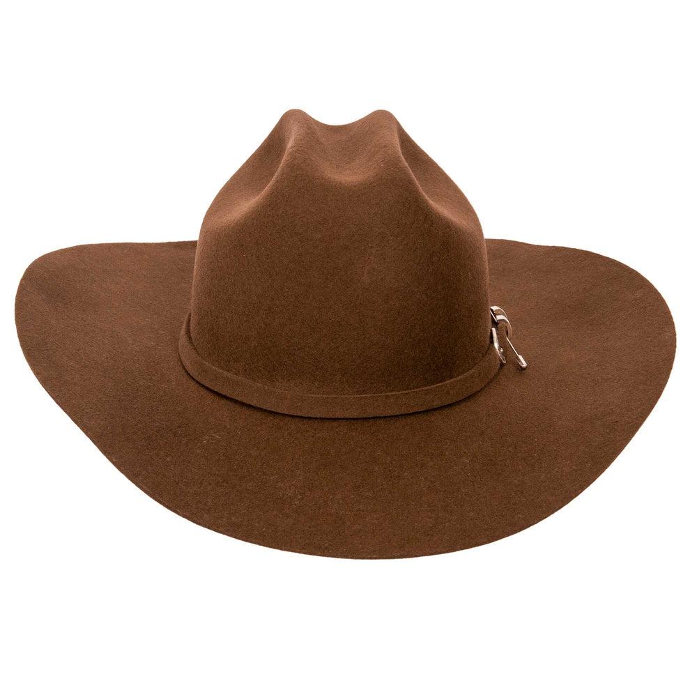 A front view of a Brown Cattleman Felt Cowboy Hat 