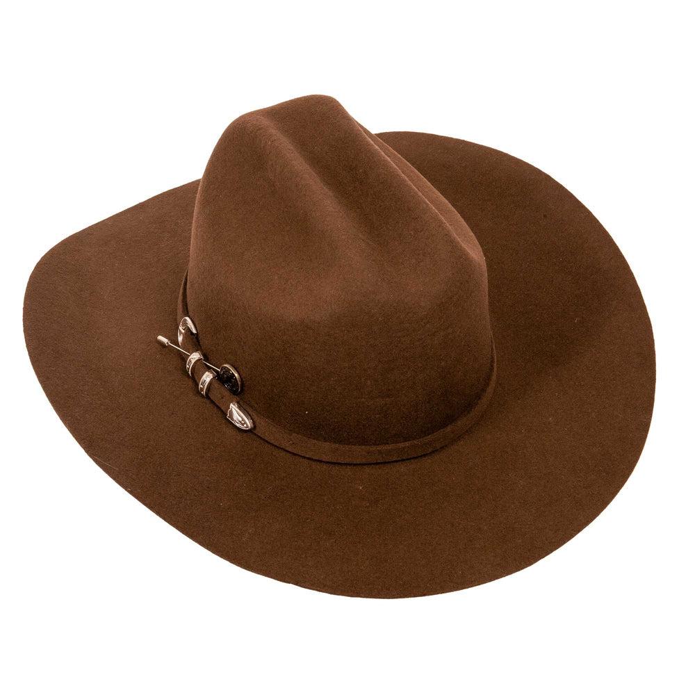 A rear view of a Brown Cattleman Felt Cowboy Hat 