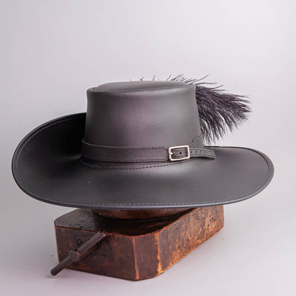 Cavalier Black Leather Hat with a Musket band by American Hat Makers