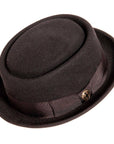 An angled side view of the chi town black felt brim hat