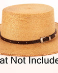 the colt tooled leather Cowboy hat band with silver buckle on a straw hat