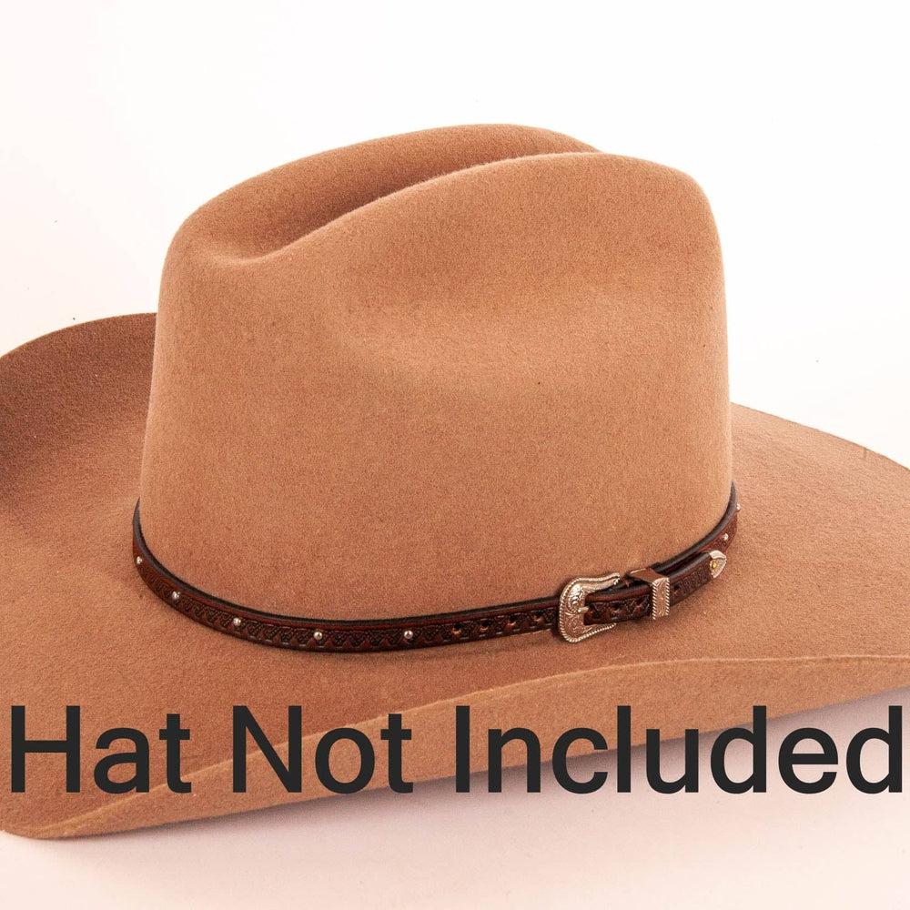 the colt tooled leather Cowboy hat band with silver buckle on a felt hat