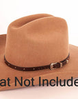 the colt tooled leather Cowboy hat band with silver buckle on a felt hat