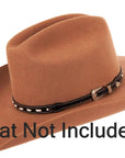 Crowley black leather hat band with silver buckle on an angle view