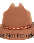 Crowley brown leather hat band with silver buckle on a brown hat