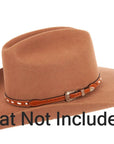Crowley brown leather hat band with silver buckle on an angle view