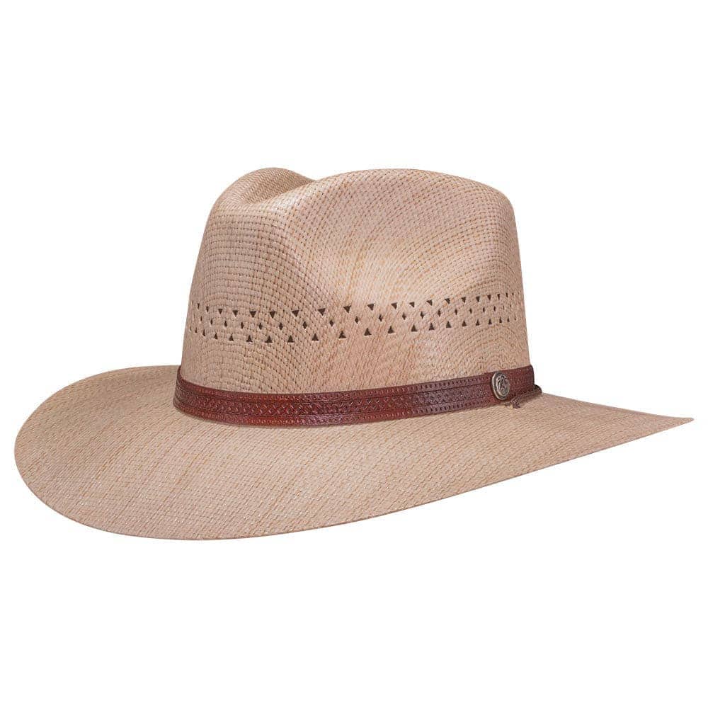 A side view of Barcelona Wide Brim Natural Straw Sun Hat for men