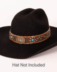 A dallas designed brown hat band  on a black felt hat