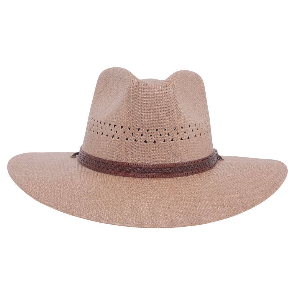 A front view of Barcelona Wide Brim Tan Straw Sun Hat