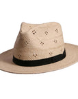 An angle view of cream Dimitri fedora straw hat