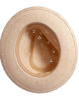 A bottom view of a cream Dimitri fedora straw hat