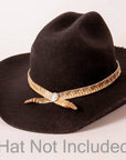 An angle view of a Double Rattle Hat Band on a top hat