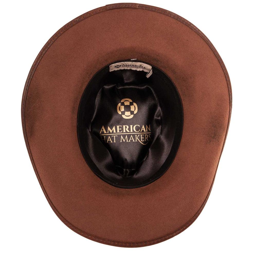 A bottom view of a Duke Brown Felt Cowboy Hat