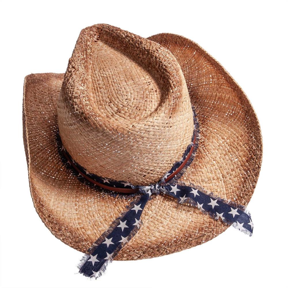 A top view of Dusty brown straw cowboy hat