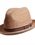 An angle left side view of a brown Straw Fedora hat