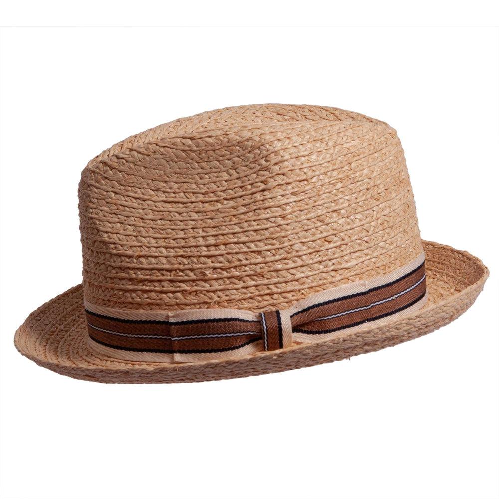 A front view of a brown Straw Fedora hat