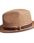 A front view of a brown Straw Fedora hat
